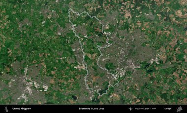 Broxtowe. Haziran 2024 'te çekilen Kopernik Nöbetçi karolarından oluşan bir uydu görüntüsü üzerinde Birleşik Krallık' ın idari alanının ana hatlarını belirledik.