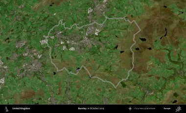 Burnley. Ekim 2019 'da çekilen Kopernik Nöbetçi karolarından oluşan bir uydu görüntüsü üzerinde Birleşik Krallık' ın idari alanının ana hatlarını belirledik.