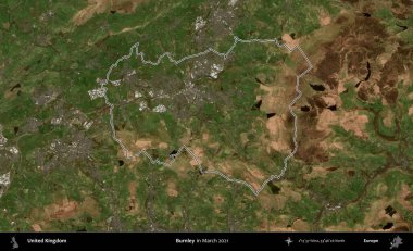 Burnley. Mart 2021 'de çekilen Copernicus Sentinel karolarından oluşan bir uydu görüntüsü üzerinde Birleşik Krallık' ın idari bölgesinin ana hatlarını belirledik.