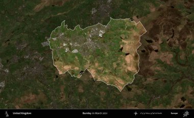 Burnley. Birleşik Krallık 'ın idari alanı, Mart 2021' de çekilen Kopernik Nöbetçi karolarından oluşan koyu renkli bir uydu görüntüsü üzerinde vurgulandı ve özetlendi.