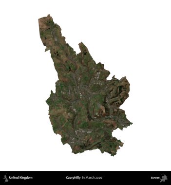 Caerphilly 'de. Birleşik Krallık 'ın idari alanı, Mart 2020' de çekilen Kopernik Nöbetçi karolarından oluşan bir uydu görüntüsü üzerinde beyaza izole edilmiştir.