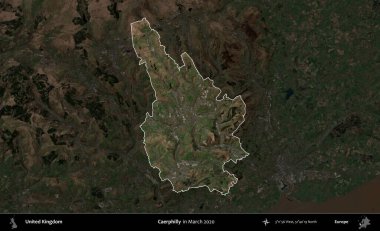 Caerphilly 'de. Birleşik Krallık 'ın idari alanı, Mart 2020' de çekilen Kopernik Nöbetçi karolarından oluşan koyu renkli bir uydu görüntüsü üzerinde vurgulandı ve özetlendi.