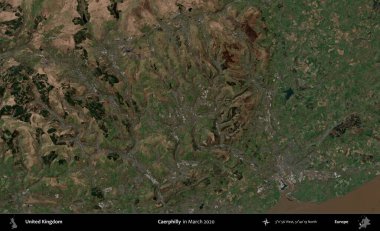 Caerphilly 'de. Mart 2020 'de Copernicus Sentinel karolarından oluşan bir uydu görüntüsü üzerinde Birleşik Krallık' ın idari alanı
