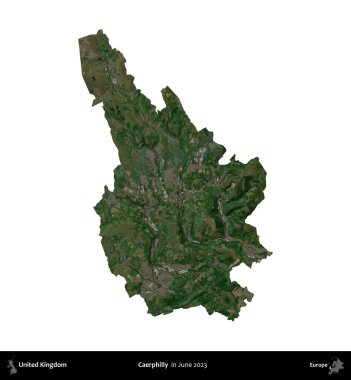 Caerphilly 'de. Birleşik Krallık 'ın idari alanı, Haziran 2023' te çekilen Kopernik Nöbetçi karolarından oluşan bir uydu görüntüsü üzerinde beyaza izole edilmiştir.