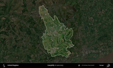Caerphilly 'de. Birleşik Krallık 'ın idari alanı, Haziran 2023' te çekilen Kopernik Nöbetçi karolarından oluşan koyu renkli bir uydu görüntüsüyle vurgulanmış ve özetlenmiştir.