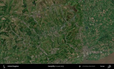 Caerphilly 'de. Haziran 2023 'te çekilen Kopernik Nöbetçi karolarından oluşan bir uydu görüntüsü üzerinde Birleşik Krallık' ın idari alanı