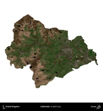 Calderdale 'de. Birleşik Krallık 'ın idari alanı, Nisan 2023' te çekilen Kopernik Nöbetçi karolarından oluşan bir uydu görüntüsü üzerinde beyaza izole edilmiştir.