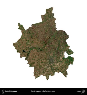 Cambridgeshire. Birleşik Krallık 'ın idari alanı, Ekim 2022' de çekilen Kopernik Nöbetçi karolarından oluşan bir uydu görüntüsüyle beyaza izole edildi.