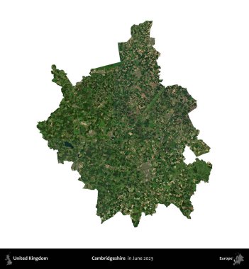 Cambridgeshire. Birleşik Krallık 'ın idari alanı, Haziran 2023' te çekilen Kopernik Nöbetçi karolarından oluşan bir uydu görüntüsü üzerinde beyaza izole edilmiştir.