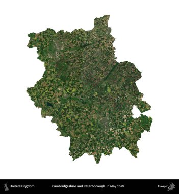 Cambridgeshire ve Peterborough. Birleşik Krallık 'ın idari alanı, Mayıs 2018' de çekilen Kopernik Nöbetçi karolarından oluşan bir uydu görüntüsü ile beyaza izole edilmiştir.