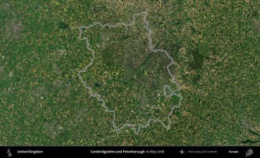 Cambridgeshire ve Peterborough. Mayıs 2018 'de çekilen Copernicus Sentinel karolarından oluşan bir uydu görüntüsü üzerinde Birleşik Krallık' ın idari bölgesinin ana hatlarını belirledik.