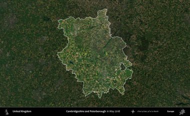 Cambridgeshire ve Peterborough. Birleşik Krallık 'ın idari alanı, Mayıs 2018' de çekilen Kopernik Nöbetçi karolarından oluşan koyu renkli bir uydu görüntüsü üzerinde vurgulandı ve özetlendi.