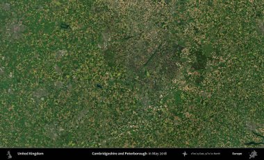 Cambridgeshire ve Peterborough. Mayıs 2018 'de Copernicus Sentinel karolarından oluşan bir uydu görüntüsü üzerinde Birleşik Krallık' ın idari alanı