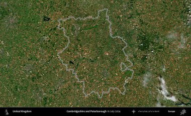 Cambridgeshire ve Peterborough. Temmuz 2024 'te çekilen Copernicus Sentinel karolarından oluşan bir uydu görüntüsü üzerinde Birleşik Krallık' ın idari bölgesinin ana hatlarını belirledik.