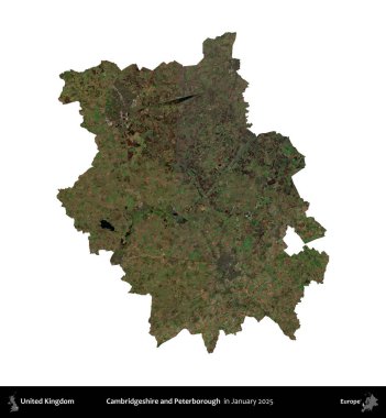 Cambridgeshire ve Peterborough. Birleşik Krallık 'ın idari alanı, Copernicus Sentinel' in Ocak 2025 'te çekilen uydu görüntüsüyle beyaza izole edilmiştir.