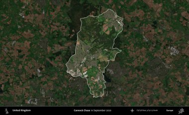 Cannock Chase. Birleşik Krallık 'ın idari alanı, Eylül 2020' de çekilen Kopernik Nöbetçi karolarından oluşan koyu renkli bir uydu görüntüsü üzerinde vurgulandı ve özetlendi.