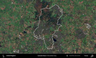 Cannock Chase. Kasım 2024 'te çekilen Kopernik Nöbetçi karolarından oluşan bir uydu görüntüsü üzerinde Birleşik Krallık' ın idari bölgesinin ana hatlarını belirledik.