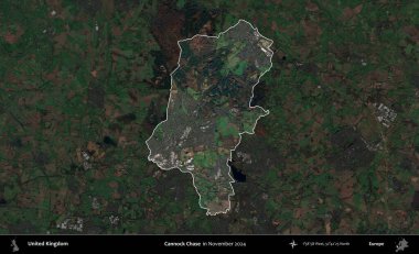 Cannock Chase. Birleşik Krallık 'ın idari alanı, Kasım 2024' te çekilen Kopernik Nöbetçi karolarından oluşan koyu renkli bir uydu görüntüsü üzerinde vurgulandı ve özetlendi.