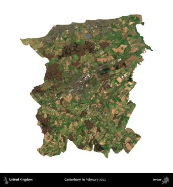 Canterbury 'de. Birleşik Krallık 'ın idari alanı, Şubat 2022' de çekilen Kopernik Nöbetçi karolarından oluşan bir uydu görüntüsüyle beyaza izole edildi.