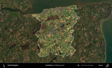 Canterbury 'de. Birleşik Krallık 'ın idari alanı, Şubat 2022' de çekilen Kopernik Nöbetçi karolarından oluşan koyu renkli bir uydu görüntüsü üzerinde vurgulandı ve özetlendi.