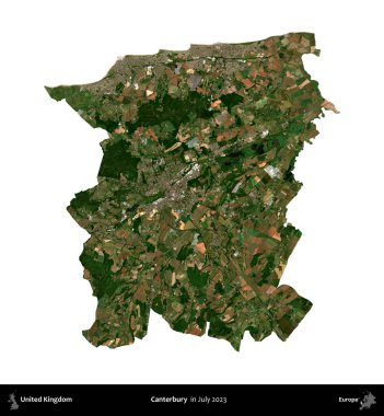 Canterbury 'de. Birleşik Krallık 'ın idari bölgesi, Temmuz 2023' te çekilen Kopernik Nöbetçi karolarından oluşan bir uydu görüntüsü ile beyaza izole edilmiştir.