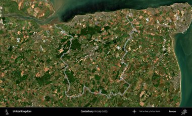 Canterbury 'de. Temmuz 2023 'te çekilen Copernicus Sentinel karolarından oluşan bir uydu görüntüsü üzerinde Birleşik Krallık' ın idari bölgesinin ana hatlarını belirledik.