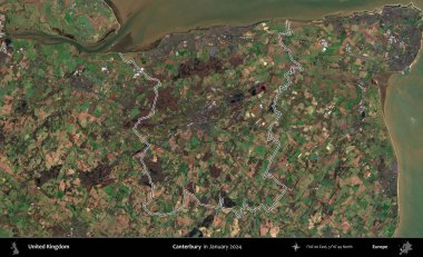 Canterbury 'de. Ocak 2024 'te çekilen Kopernik Nöbetçi karolarından oluşan bir uydu görüntüsü üzerinde Birleşik Krallık' ın idari bölgesinin ana hatlarını belirledik.