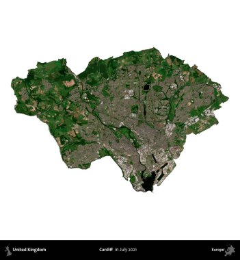 Cardiff. Birleşik Krallık 'ın idari alanı, Temmuz 2021' de çekilen Kopernik Nöbetçi karolarından oluşan bir uydu görüntüsü ile beyaza izole edilmiştir.