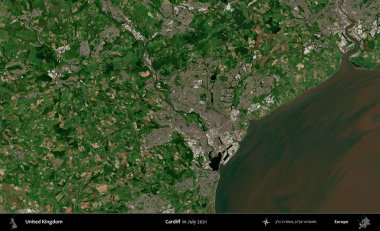 Cardiff. Temmuz 2021 'de çekilen Kopernik Nöbetçi karolarından oluşan bir uydu görüntüsü üzerinde Birleşik Krallık' ın idari alanı