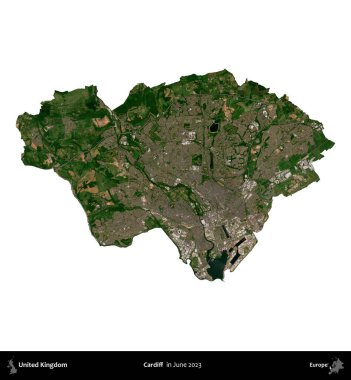Cardiff. Birleşik Krallık 'ın idari alanı, Haziran 2023' te çekilen Kopernik Nöbetçi karolarından oluşan bir uydu görüntüsü üzerinde beyaza izole edilmiştir.