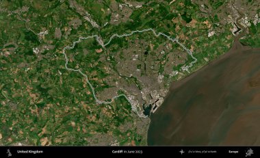 Cardiff. Haziran 2023 'te çekilen Kopernik Nöbetçi karolarından oluşan bir uydu görüntüsü üzerinde Birleşik Krallık' ın idari alanının ana hatlarını belirledik.