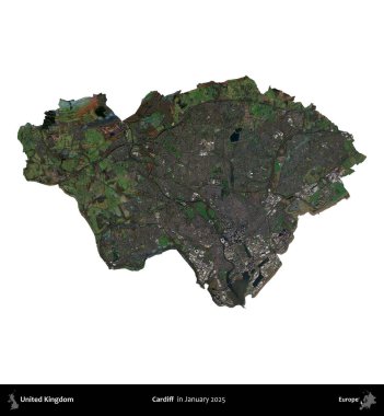 Cardiff. Birleşik Krallık 'ın idari alanı, Copernicus Sentinel' in Ocak 2025 'te çekilen uydu görüntüsüyle beyaza izole edilmiştir.