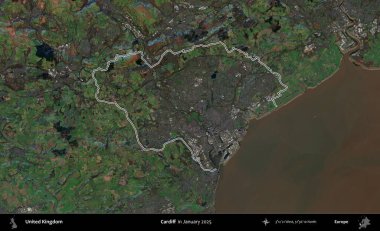 Cardiff. Ocak 2025 'te çekilen Kopernik Nöbetçi karolarından oluşan bir uydu görüntüsü üzerinde Birleşik Krallık' ın idari alanının ana hatlarını belirledik.
