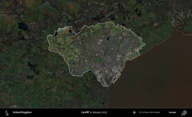 Cardiff. Birleşik Krallık 'ın idari alanı, Ocak 2025' te çekilen Kopernik Nöbetçi karolarından oluşan koyu renkli bir uydu görüntüsü üzerinde vurgulandı ve özetlendi.