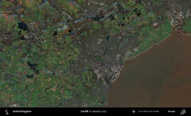 Cardiff. Ocak 2025 'te çekilen Kopernik Nöbetçi karolarından oluşan bir uydu görüntüsü üzerinde Birleşik Krallık' ın idari alanı