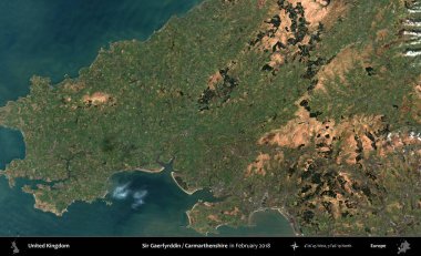 Sör Gaerfyrddin / Carmarthenshire. Kopernik Sentinel 'in Şubat 2018' de çekilmiş uydu görüntüsü üzerine Birleşik Krallık 'ın idari alanı