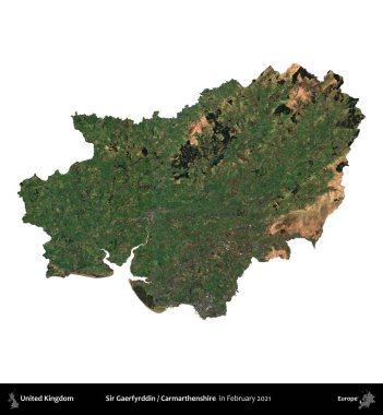 Sör Gaerfyrddin / Carmarthenshire. Birleşik Krallık 'ın idari alanı, Şubat 2021' de çekilen Kopernik Nöbetçi karolarından oluşan bir uydu görüntüsü üzerinde beyaza izole edilmiştir.