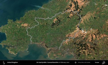 Sör Gaerfyrddin / Carmarthenshire. Şubat 2021 'de çekilen Kopernik Nöbetçi karolarından oluşan bir uydu görüntüsü üzerinde Birleşik Krallık' ın idari alanının ana hatlarını belirledik.