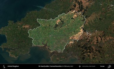 Sör Gaerfyrddin / Carmarthenshire. Birleşik Krallık 'ın idari alanı, Şubat 2021' de çekilen Kopernik Nöbetçi karolarından oluşan koyu renkli bir uydu görüntüsü üzerinde vurgulandı ve özetlendi.