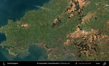 Sör Gaerfyrddin / Carmarthenshire. Kopernik Sentinel 'in Şubat 2021' de çekilmiş uydu görüntüsü üzerine Birleşik Krallık 'ın idari alanı