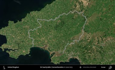 Sör Gaerfyrddin / Carmarthenshire. Haziran 2023 'te çekilen Kopernik Nöbetçi karolarından oluşan bir uydu görüntüsü üzerinde Birleşik Krallık' ın idari alanının ana hatlarını belirledik.