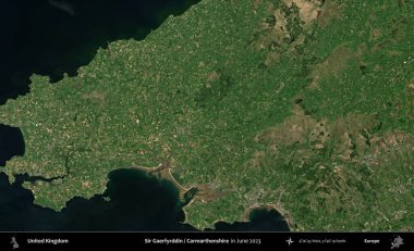 Sör Gaerfyrddin / Carmarthenshire. Haziran 2023 'te çekilen Kopernik Nöbetçi karolarından oluşan bir uydu görüntüsü üzerinde Birleşik Krallık' ın idari alanı