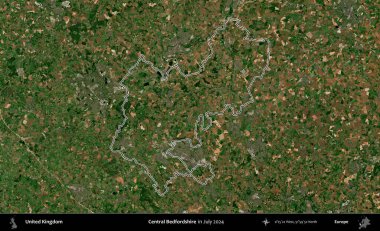 Bedfordshire Merkez. Temmuz 2024 'te çekilen Copernicus Sentinel karolarından oluşan bir uydu görüntüsü üzerinde Birleşik Krallık' ın idari bölgesinin ana hatlarını belirledik.