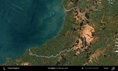 Ceredigion. Şubat 2018 'de çekilen Kopernik Nöbetçi karolarından oluşan bir uydu görüntüsü üzerinde Birleşik Krallık' ın idari alanının ana hatlarını belirledik.