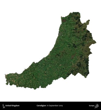 Ceredigion. Birleşik Krallık 'ın idari alanı, Eylül 2019' da çekilen Kopernik Nöbetçi karolarından oluşan bir uydu görüntüsü üzerinde beyaza izole edilmiştir.