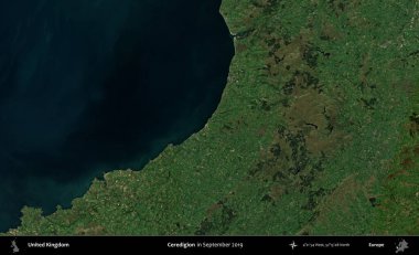 Ceredigion. Eylül 2019 'da çekilen Kopernik Nöbetçi karolarından oluşan bir uydu görüntüsü üzerinde Birleşik Krallık' ın idari alanı