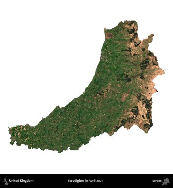 Ceredigion. Birleşik Krallık 'ın idari alanı, Nisan 2021' de çekilen Kopernik Nöbetçi karolarından oluşan bir uydu görüntüsü üzerinde beyaza izole edilmiştir.