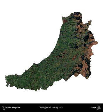 Ceredigion. Birleşik Krallık 'ın idari alanı, Copernicus Sentinel' in Ocak 2022 'de çekilen uydu görüntüsüyle beyaza izole edildi.