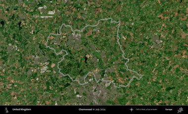 Charnwood 'da. Temmuz 2024 'te çekilen Copernicus Sentinel karolarından oluşan bir uydu görüntüsü üzerinde Birleşik Krallık' ın idari bölgesinin ana hatlarını belirledik.