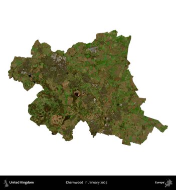 Charnwood 'da. Birleşik Krallık 'ın idari alanı, Copernicus Sentinel' in Ocak 2025 'te çekilen uydu görüntüsüyle beyaza izole edilmiştir.